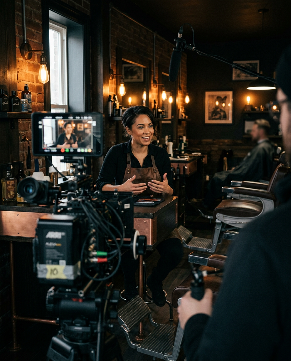 Small business owner being filmed inside her studio for a promotional video