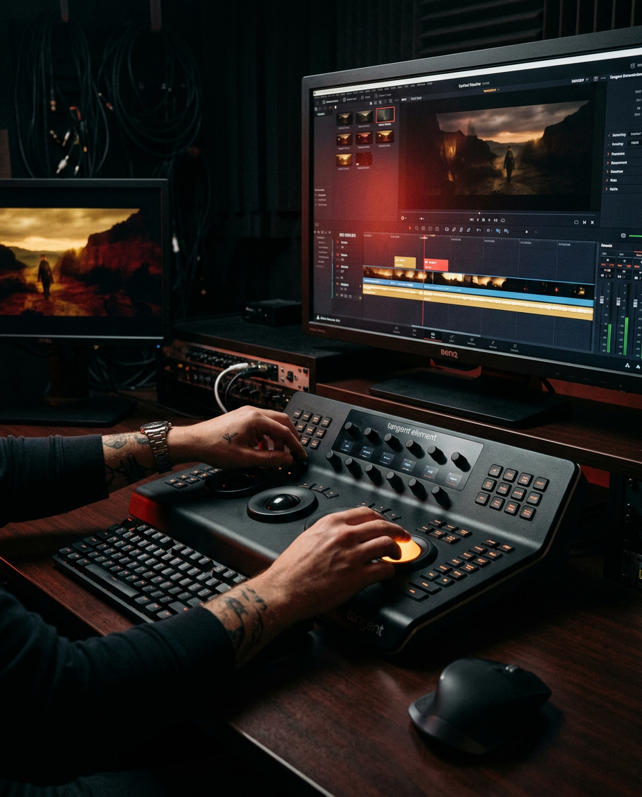 Editor color grading a cinematic video project in a dark suite