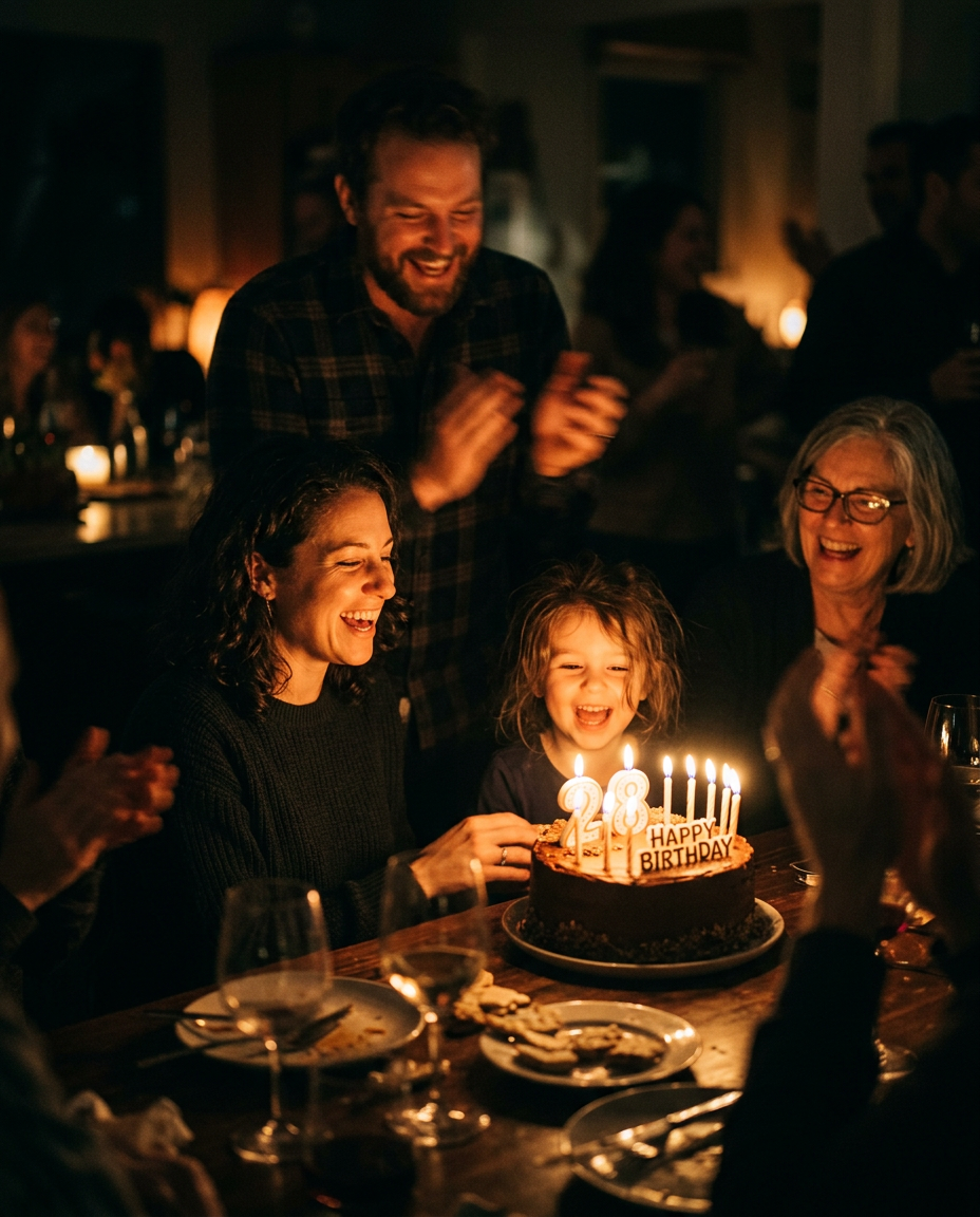 Family gathered around a candlelit birthday cake