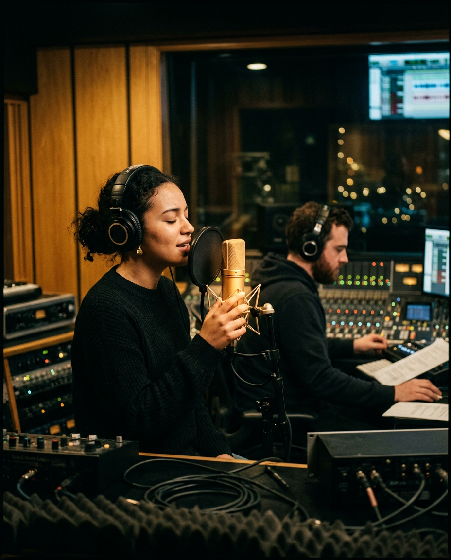 Singer recording an original song in a studio with a producer
