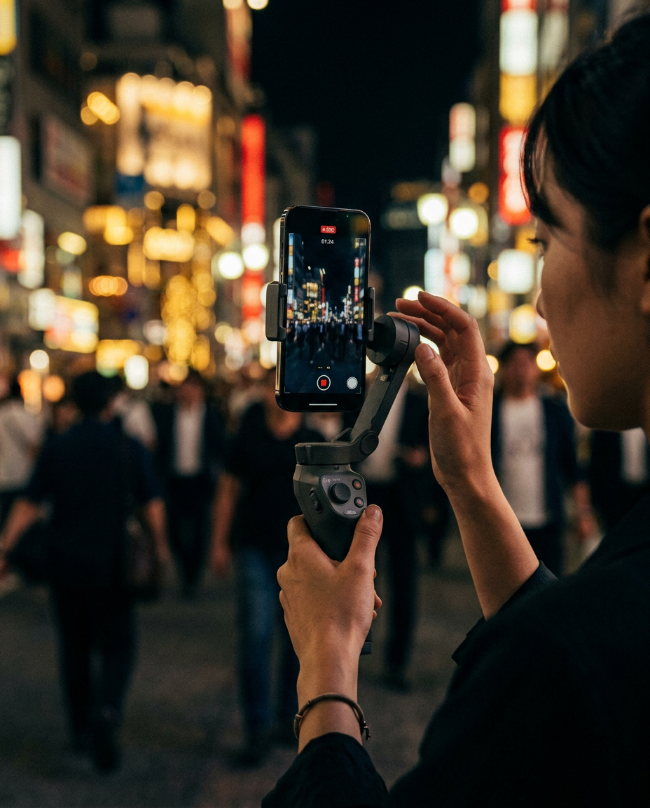 Creator filming a vertical video on a gimbal at night