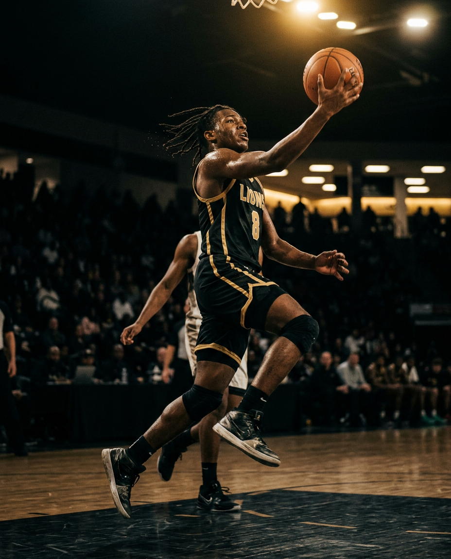 Athlete driving to the basket under arena lights during a highlight video shoot