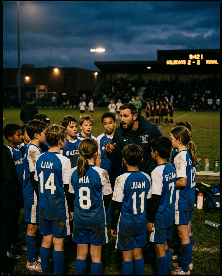 Youth team huddled with their coach on the sideline at dusk