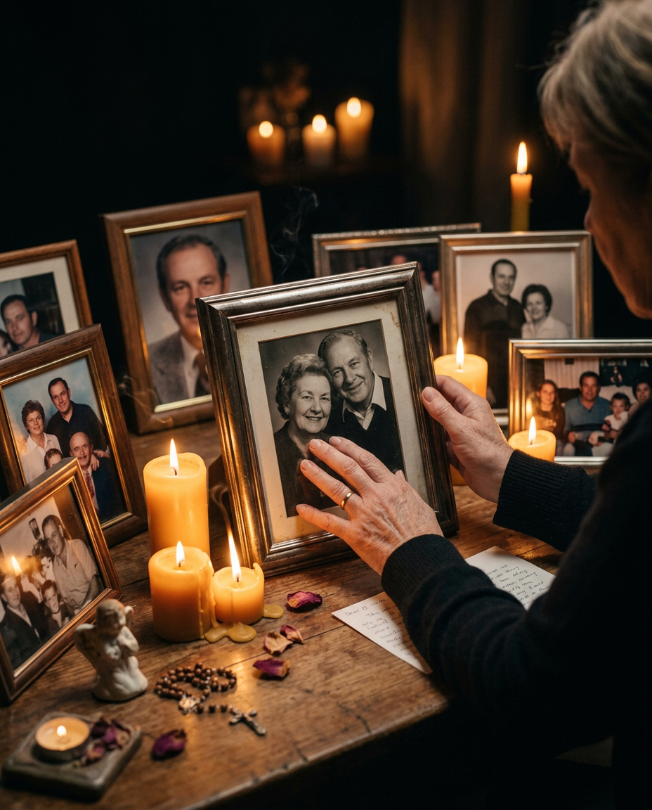 Hands holding a framed family photograph beside candles at a memorial