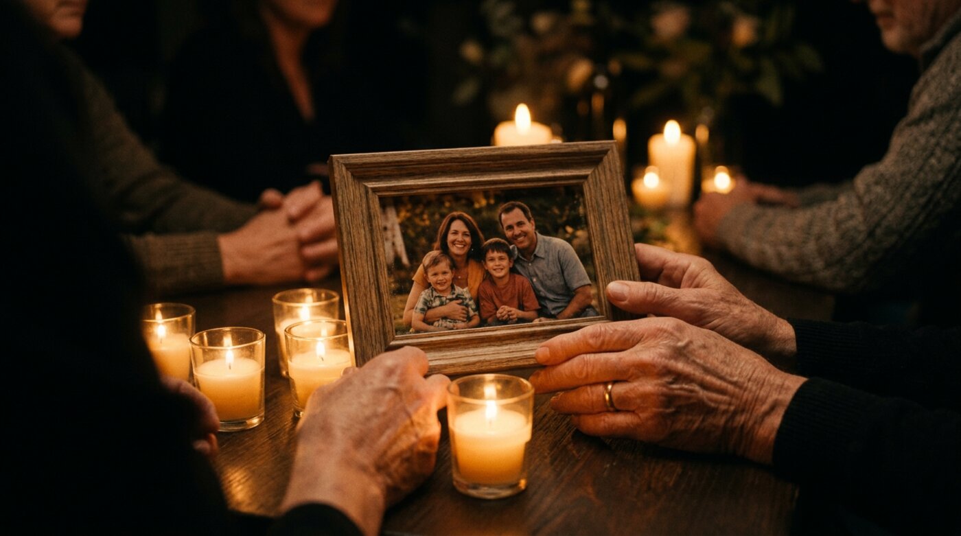 Candlelit family photograph from a memorial tribute video